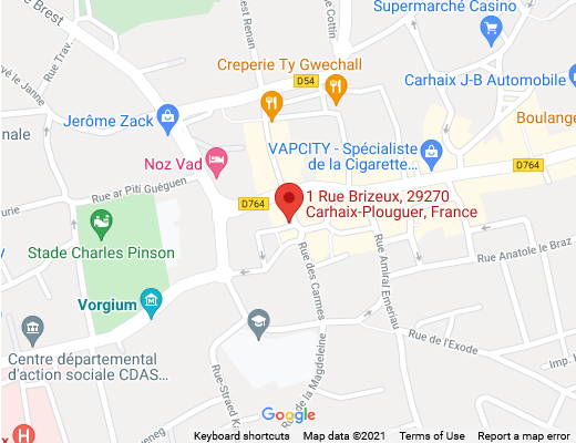 Carte affichant l'adresse 1 rue Brizeux, 29270 Carhaix-Plouguer, située à côté de la mairie.